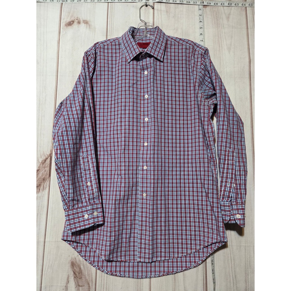 Bergamo New York Mens M 15-15.5 32/33 Fitted Check Dress Shirt Red Blue White